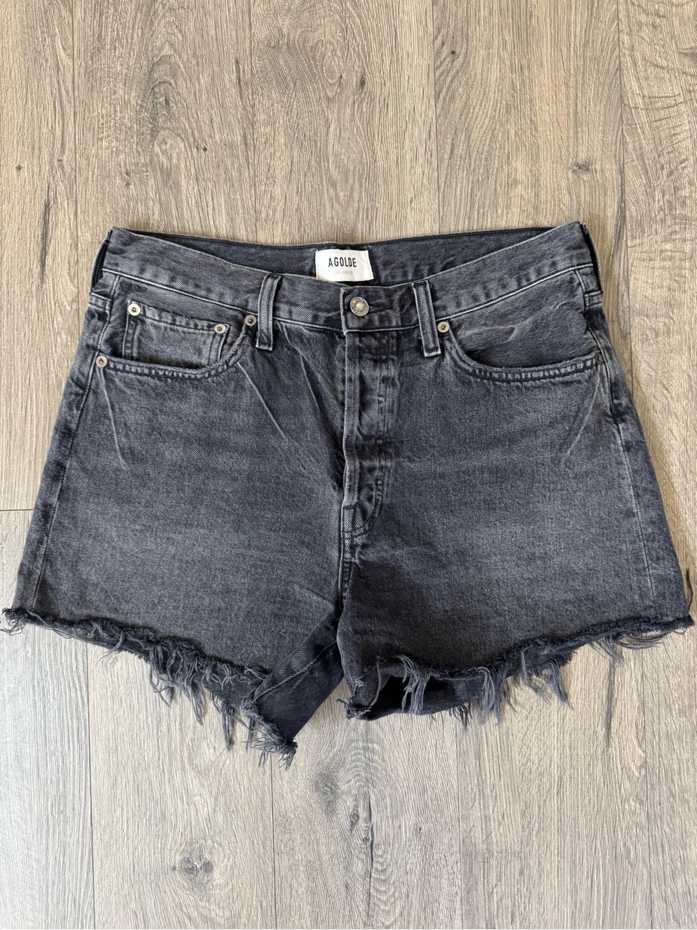 AGOLDE Washed Black Raw Hem High-Rise Denim Shorts